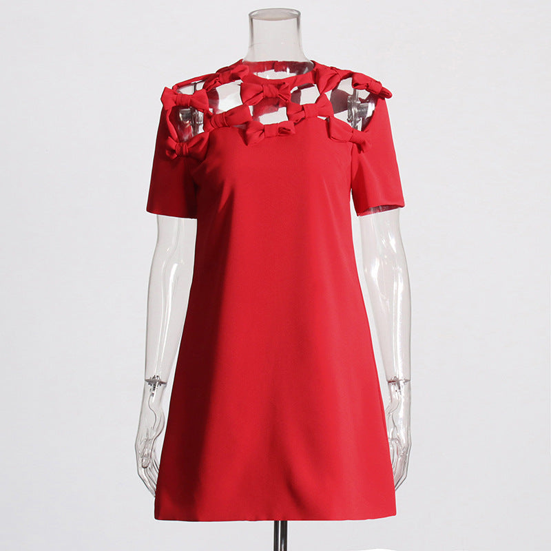 Bow Hollow Design Fashion Socialite Style Temperament Red Slimming Dress