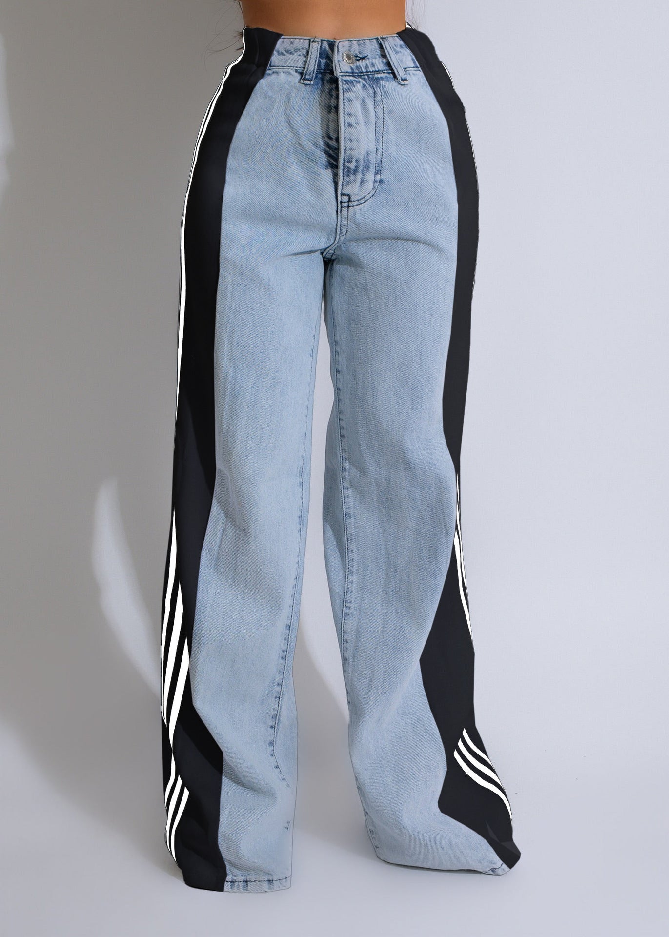 2024 Fashion Casual High Waist Elastic Straight Leg Trousers Three Stripe Patchwork Denim Wide Leg Pants Streetwear