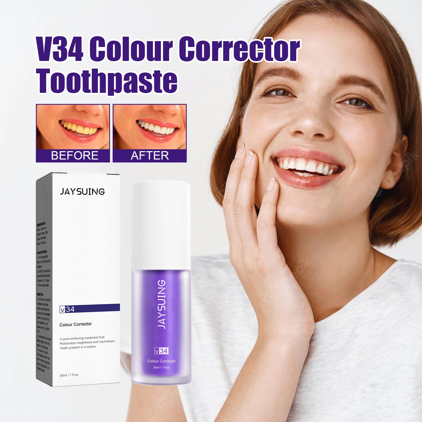 Jaysuing V34 Purple Toothpaste, Cleaning Bad Breath Teeth Stains Beauty Whitening Tooth Care Toothpaste