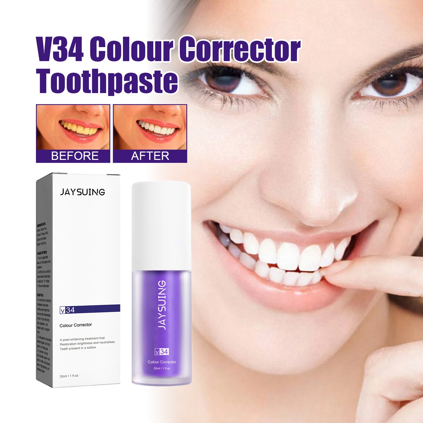 Jaysuing V34 Purple Toothpaste, Cleaning Bad Breath Teeth Stains Beauty Whitening Tooth Care Toothpaste