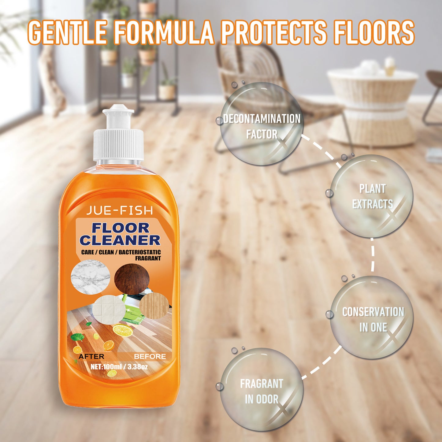 Jue-Fish Floor Cleaner, Wood Floor Cleaning Polishing Brightening Strong Decontamination Descaling Tile Cleaner