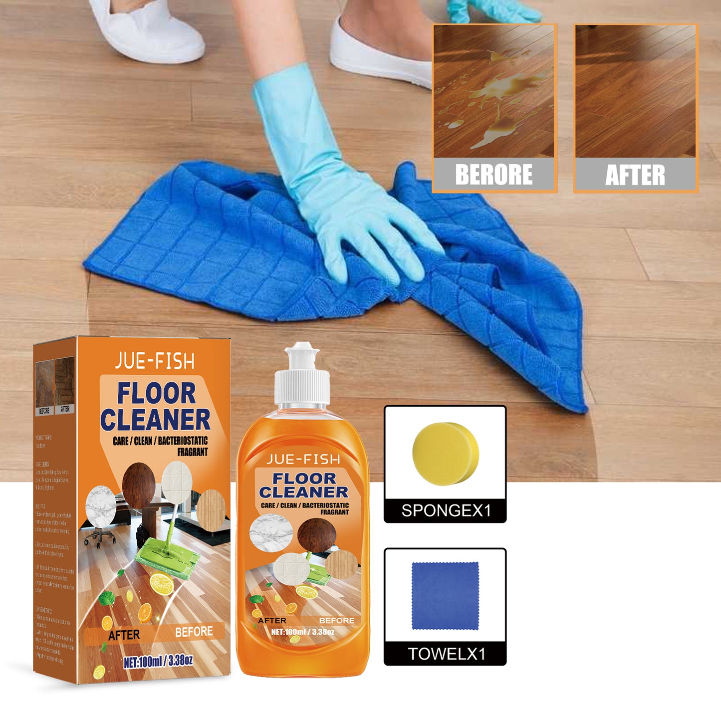 Jue-Fish Floor Cleaner, Wood Floor Cleaning Polishing Brightening Strong Decontamination Descaling Tile Cleaner