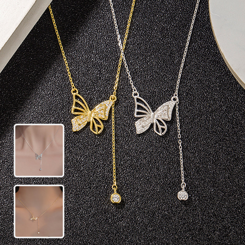 S925 Silver Hollow Butterfly Necklace With Rhinestones Luxury Diamond Tassel Pendant Clavicle Chain Women's Jewelry