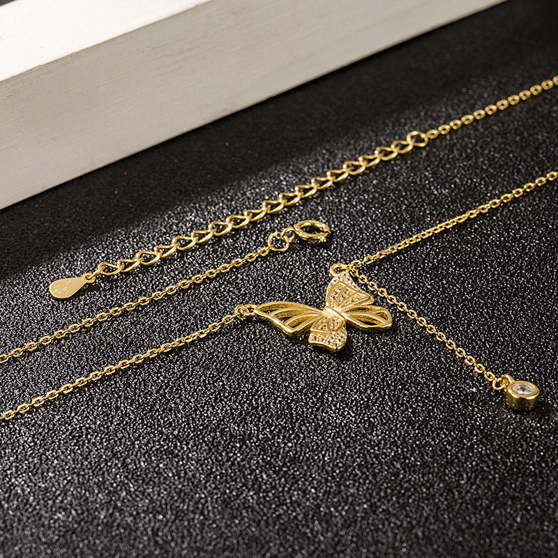 S925 Silver Hollow Butterfly Necklace With Rhinestones Luxury Diamond Tassel Pendant Clavicle Chain Women's Jewelry