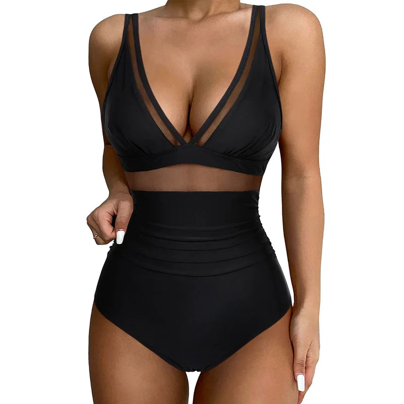 2024 Women Swimsuit Summer Sexy Tummy Control  High Waisted Bathing Suit High Cut One Piece Swimsuit V Neck Mesh Swimwear