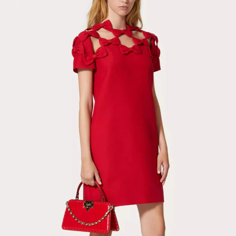 Bow Hollow Design Fashion Socialite Style Temperament Red Slimming Dress