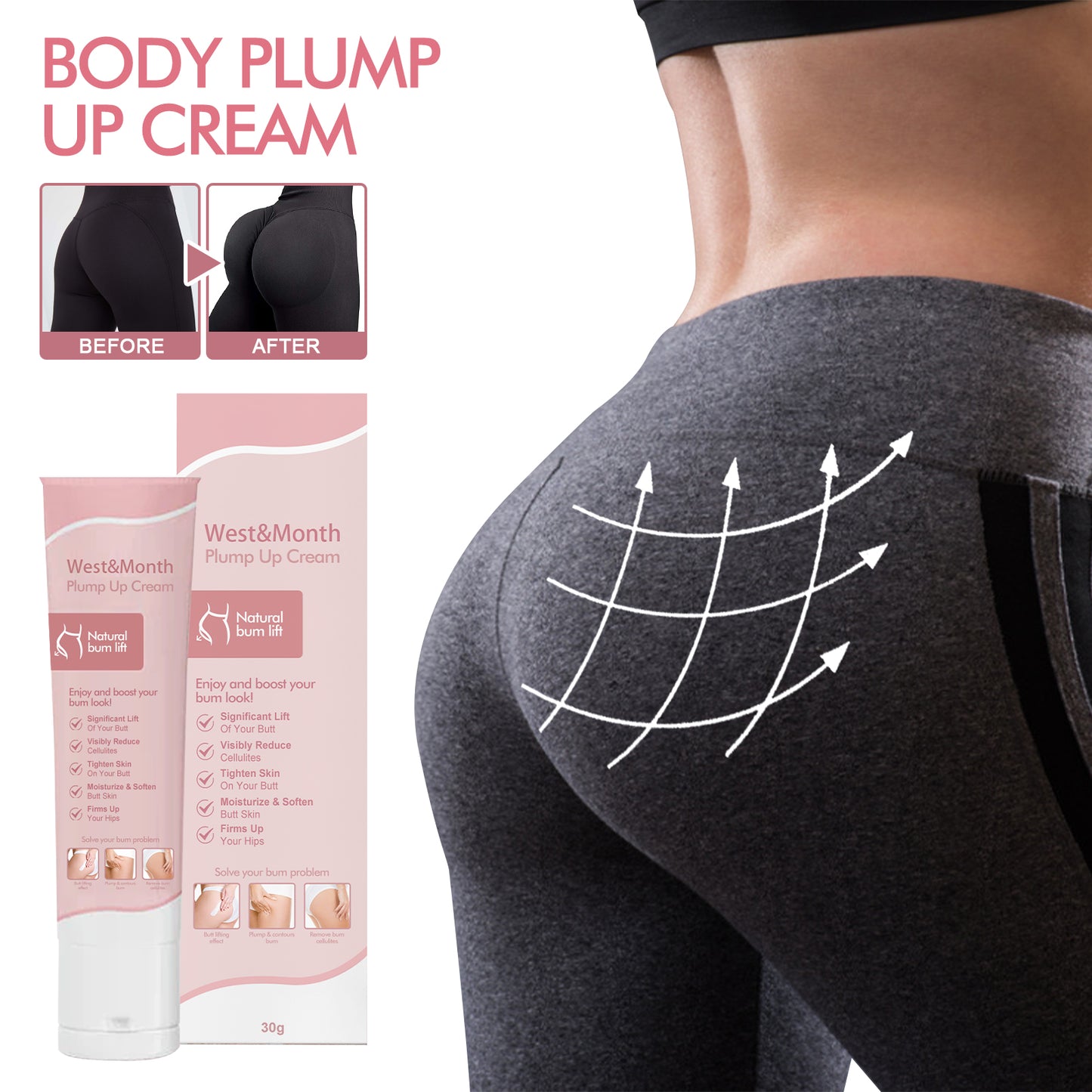 West&Mooth Body Plump Up Cream, Firming And Lifting Hips Highlights Curves And Volumizing Hips Cream