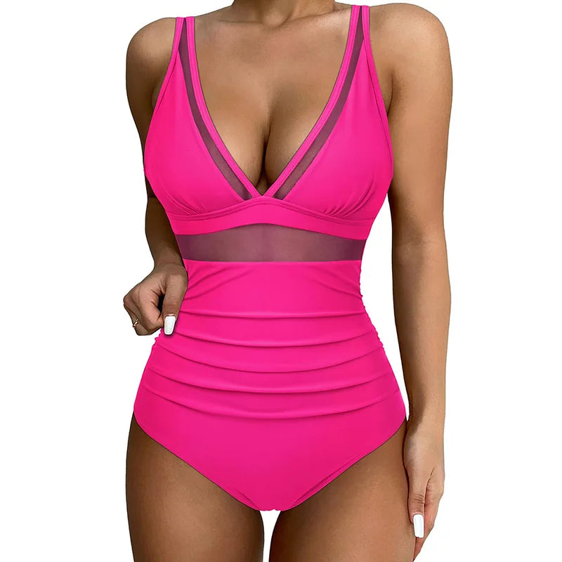 2024 Women Swimsuit Summer Sexy Tummy Control  High Waisted Bathing Suit High Cut One Piece Swimsuit V Neck Mesh Swimwear