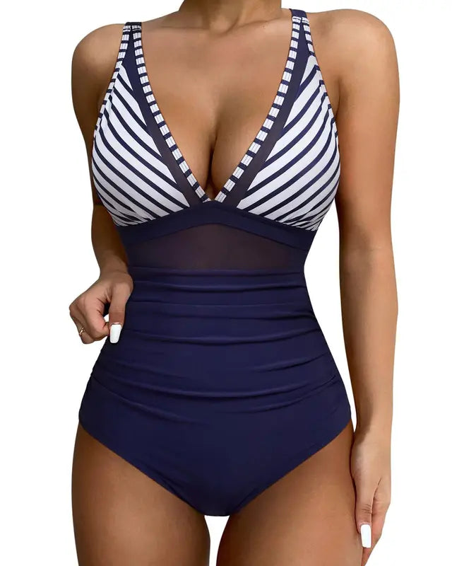 2024 Women Swimsuit Summer Sexy Tummy Control  High Waisted Bathing Suit High Cut One Piece Swimsuit V Neck Mesh Swimwear