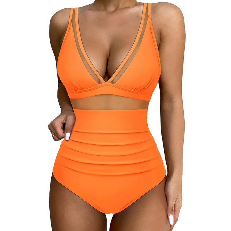 2024 Women Swimsuit Summer Sexy Tummy Control  High Waisted Bathing Suit High Cut One Piece Swimsuit V Neck Mesh Swimwear