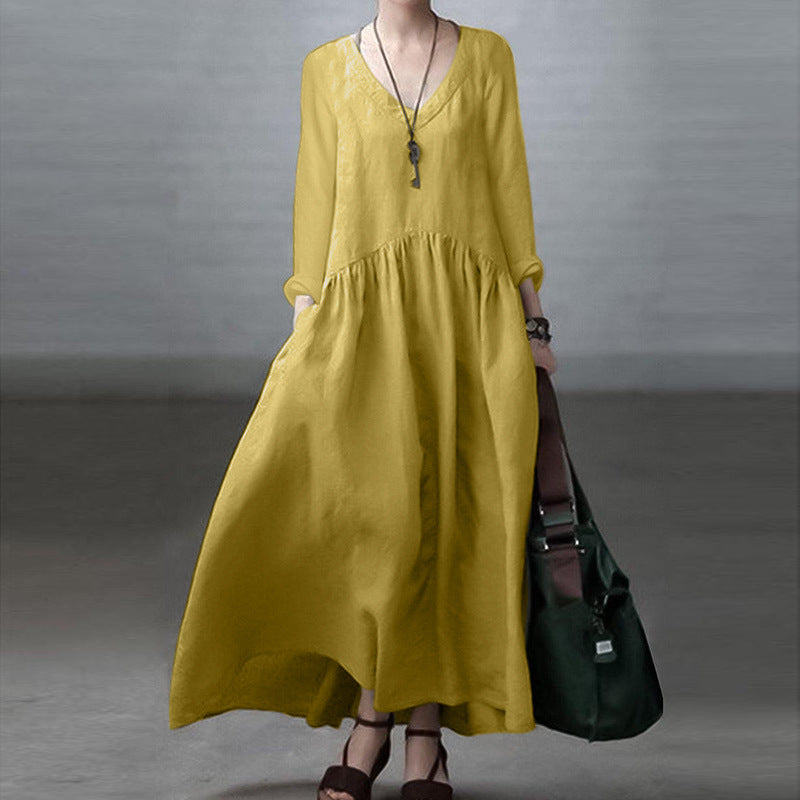 Women's Spring Autumn 2023 Fashion Long Sleeve V-Neck Elegant Vest Skirt Women's Casual Solid Color Loose Long Dress