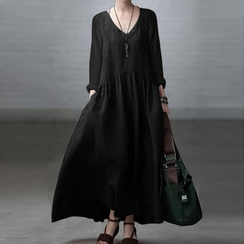 Women's Spring Autumn 2023 Fashion Long Sleeve V-Neck Elegant Vest Skirt Women's Casual Solid Color Loose Long Dress