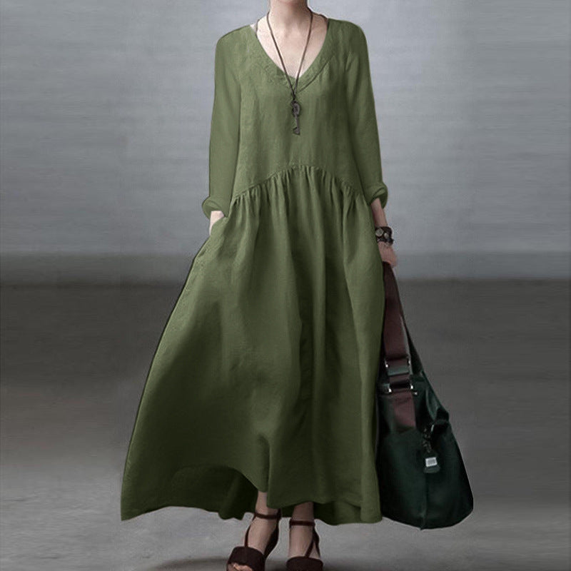 Women's Spring Autumn 2023 Fashion Long Sleeve V-Neck Elegant Vest Skirt Women's Casual Solid Color Loose Long Dress