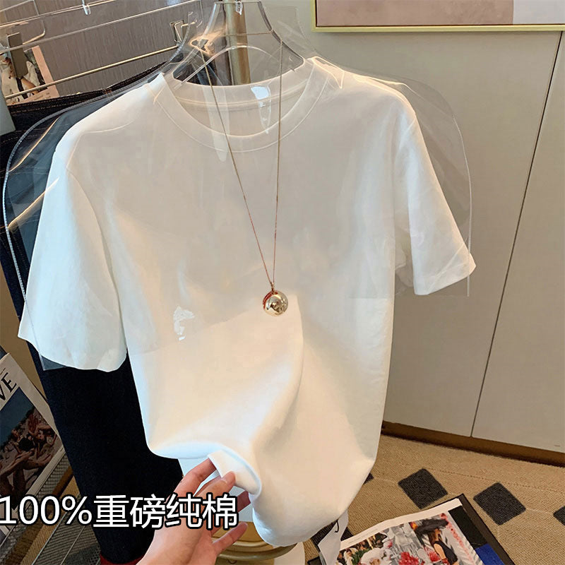 2024 new shoulder heavy cotton short sleeve T-shirt women's fashion versatile thin white top base shirt men's summer