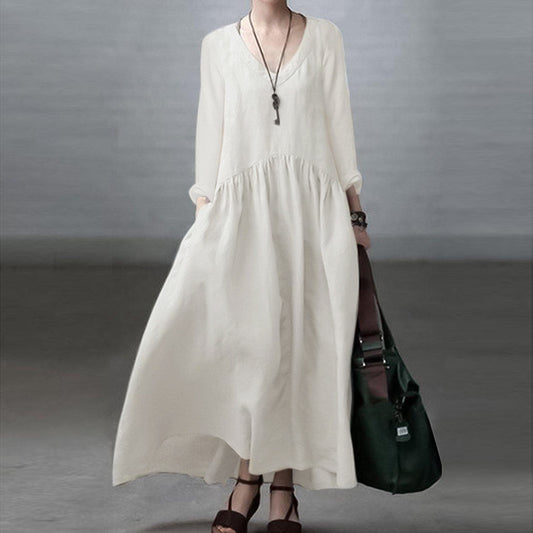 Women's Spring Autumn 2023 Fashion Long Sleeve V-Neck Elegant Vest Skirt Women's Casual Solid Color Loose Long Dress