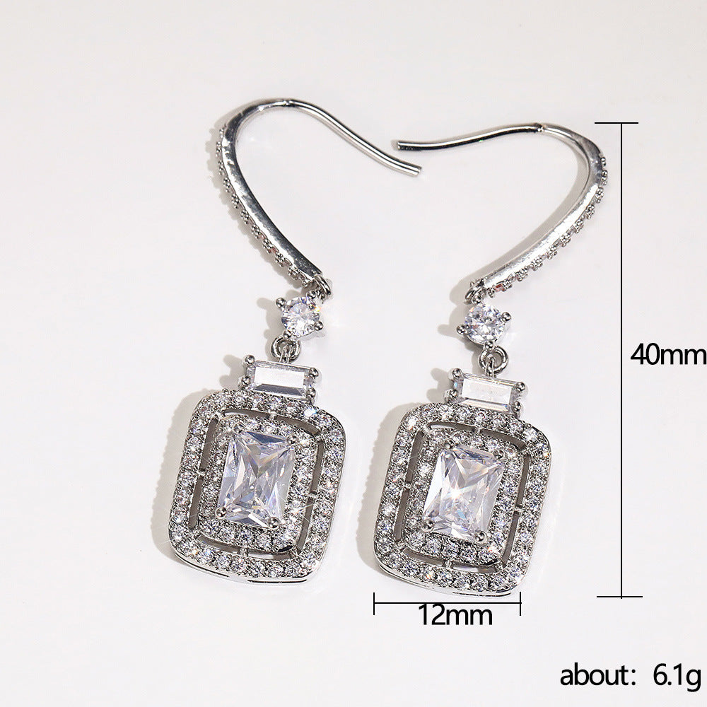 Earrings Platinum Princess Square Diamond Zircon Ear Hook