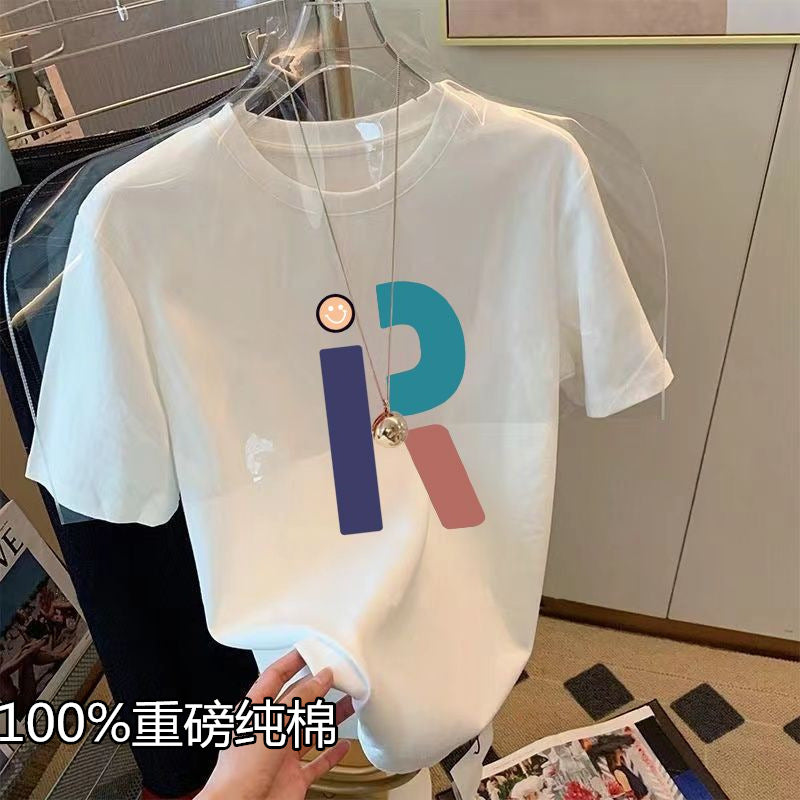 2024 new shoulder heavy cotton short sleeve T-shirt women's fashion versatile thin white top base shirt men's summer