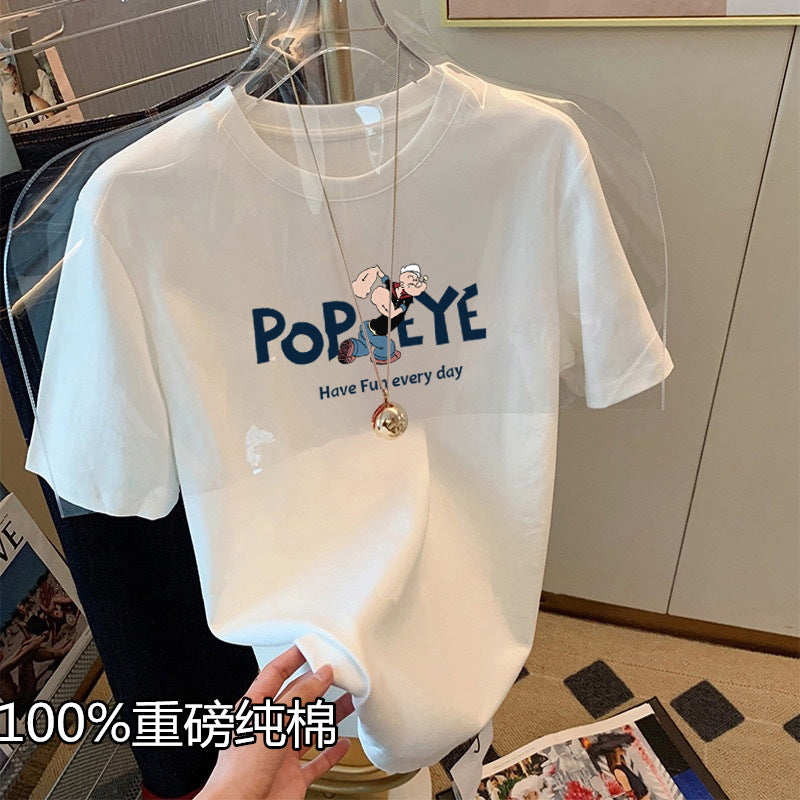 2024 new shoulder heavy cotton short sleeve T-shirt women's fashion versatile thin white top base shirt men's summer