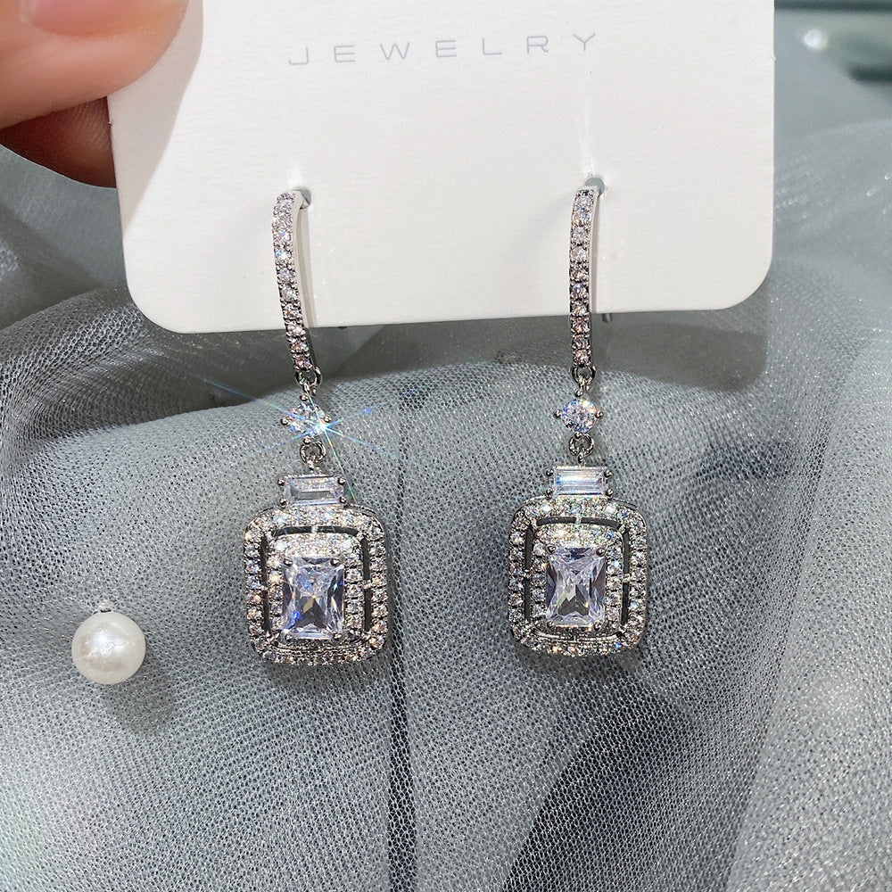 Earrings Platinum Princess Square Diamond Zircon Ear Hook