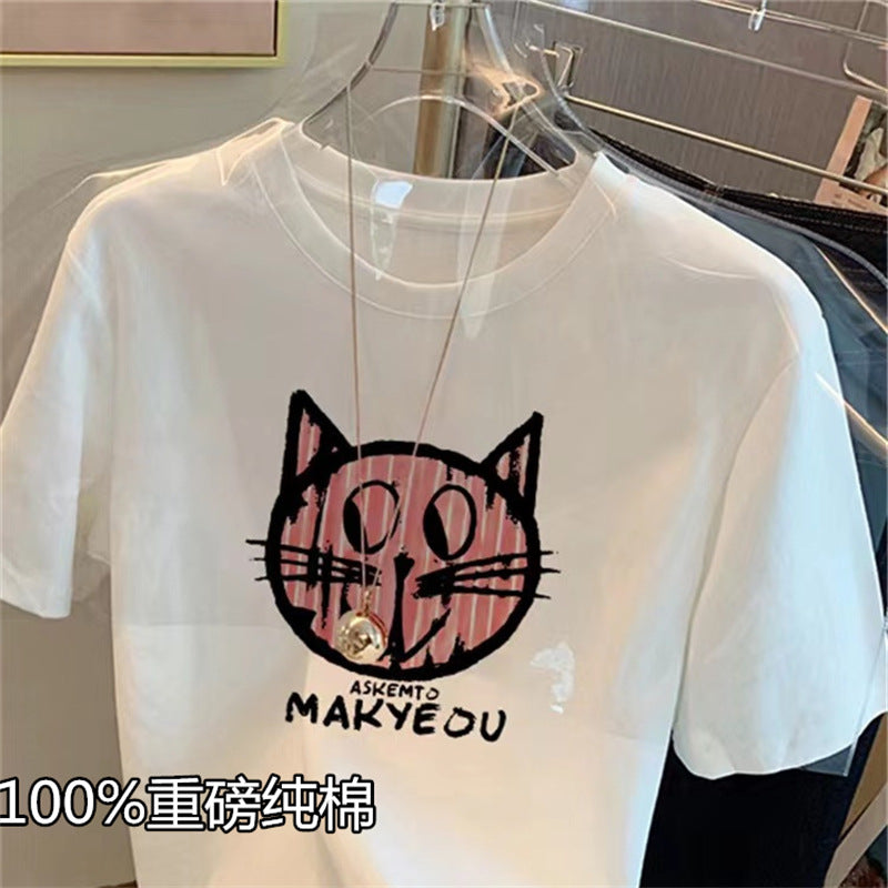 2024 new shoulder heavy cotton short sleeve T-shirt women's fashion versatile thin white top base shirt men's summer