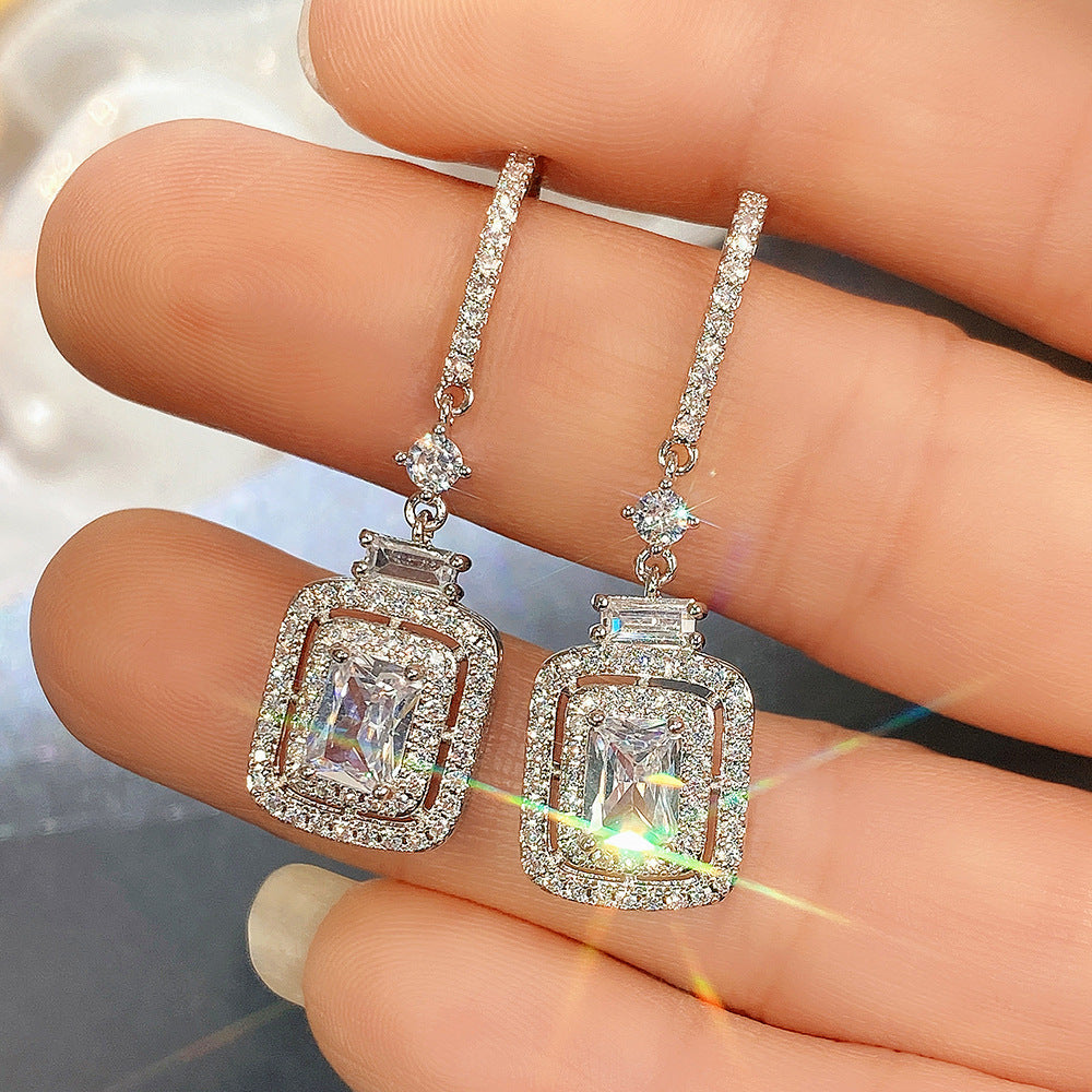 Earrings Platinum Princess Square Diamond Zircon Ear Hook