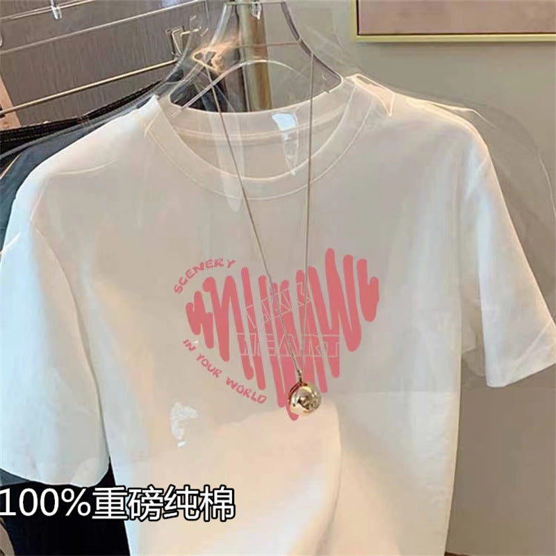 2024 new shoulder heavy cotton short sleeve T-shirt women's fashion versatile thin white top base shirt men's summer