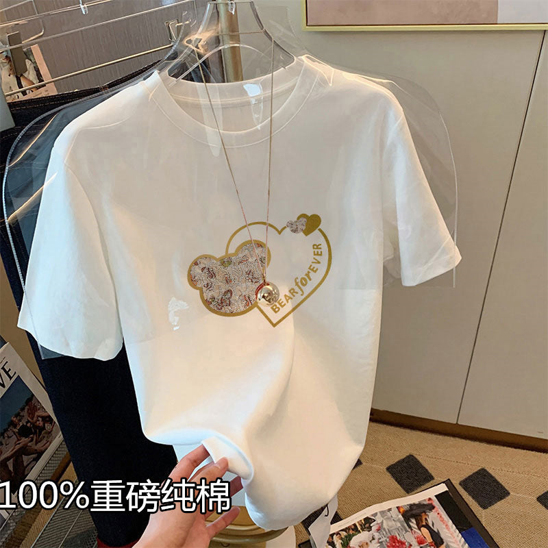 2024 new shoulder heavy cotton short sleeve T-shirt women's fashion versatile thin white top base shirt men's summer