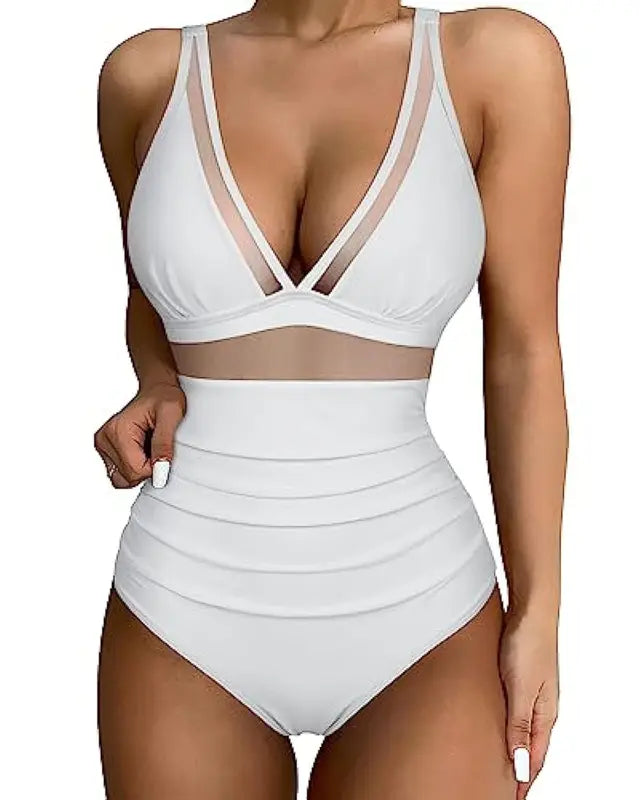 2024 Women Swimsuit Summer Sexy Tummy Control  High Waisted Bathing Suit High Cut One Piece Swimsuit V Neck Mesh Swimwear