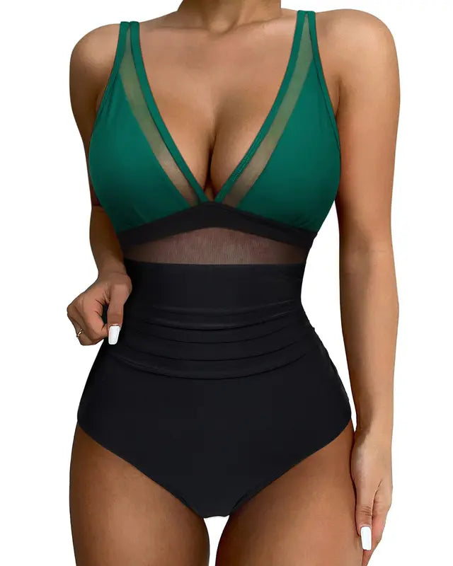 2024 Women Swimsuit Summer Sexy Tummy Control  High Waisted Bathing Suit High Cut One Piece Swimsuit V Neck Mesh Swimwear