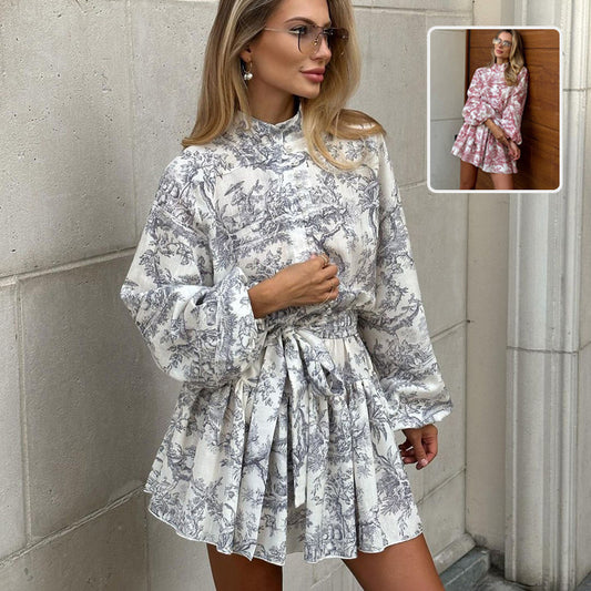 Ink Print Long Sleeve Short Dress With Fashion Puffy Sleeve Lapel Tie A-Line Dress Clothing