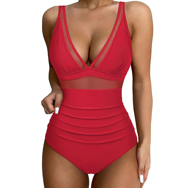 2024 Women Swimsuit Summer Sexy Tummy Control  High Waisted Bathing Suit High Cut One Piece Swimsuit V Neck Mesh Swimwear