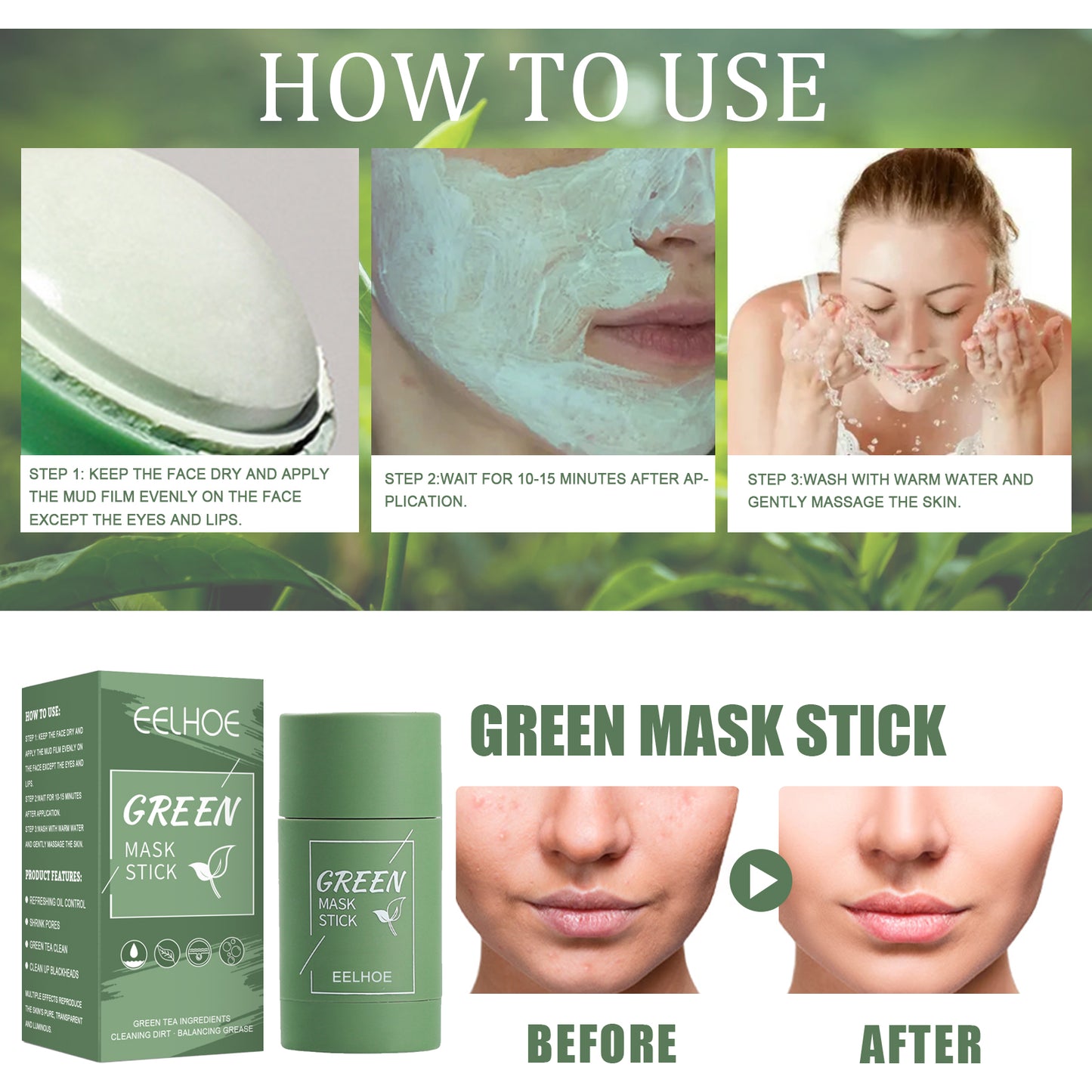 Green Tea Mask Stick EELHOE Green Tea Solid Mask, Deep Cleansing Hydrating Mask Stick Pore-Narrowing Paste Mask Stick