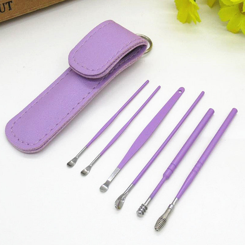 6pcs Ear Spoon Leather Set Household Stainless Steel Digging Ear Picking Tool