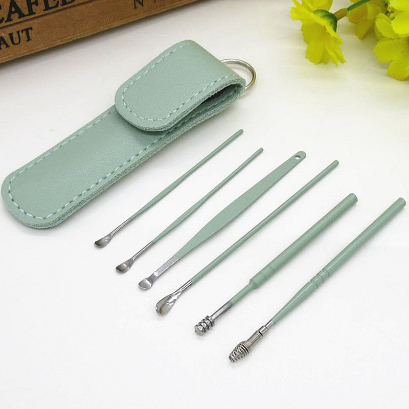 6pcs Ear Spoon Leather Set Household Stainless Steel Digging Ear Picking Tool